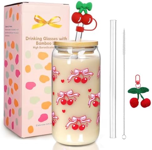 Coquette Cute Glass Cup with Lids and Straws 18OZ Cherry Iced Coffee Cup by MasonLife