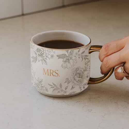 Sweet Water Decor Mrs Mug, 14oz Fine Bone China Coffee Cup with Gold Handle and Grey Delft Pattern, Bridal Shower Gift for Wedding Bride, Engagement & Newlyweds - Image 2