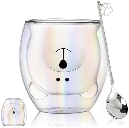Binoster Cute Mugs Double Wall Glass Coffee Glass Cup Kawaii Bear Tea Milk Cup Funny Mug Animal Mug Aesthetic Cup for Office and Personal Birthday Gift (Colorful Bear) by WELOCMETOBINOSTER