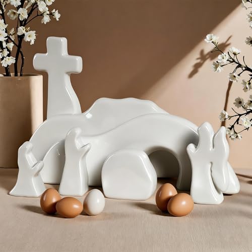 Empty Tomb Easter Scene and Cross Decoration, Ceramic Resurrection Scene Cross Jesus Tomb Decor, Christmas Decoration Jesus Nativity Scene for Religious Home Office Tabletop Christian Gifts - Image 5