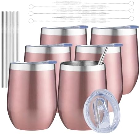 MEZMUT 12oz Insulated Wine Tumbler with Lid Wine Glass(Rose Gold,6 Pack) by MEZMUT