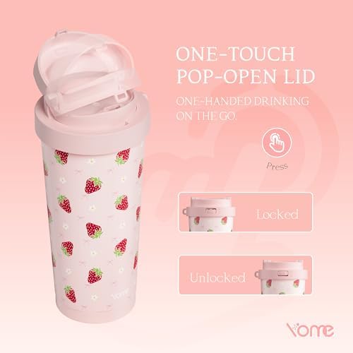YOME 17oz Strawberry Pink Ceramic Lined Insulated Coffee Mug with Infuser for Women Gift | One-handed Pop Open Lid | Stainless Steel |Keep Drinks Cold and Hot| 100% Leak Proof - Image 5