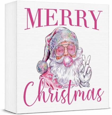 Pink Christmas Decor, Christmas Decorations Indoor, Sunglasses Claus Blowing Bubble Sign Gift for Women Friends, Rustic Wooden Box Sign for Home Office Bedroom Desk Decor 5x5 Inches by Unknown