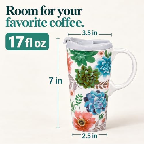 Topadorn 17oz Ceramic Travel Mug with Lid, Succulent Floral Coffee Mug - Image 3