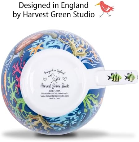 Summer Ocean Wonders Hug Mug - 20oz Deep Blue Bone China Coffee Mug with Sea Turtle, Octopus and Tropical Fish, Marine Life Themed Gift for Ocean Lovers, Designed in England by Harvest Green Studio - Image 6