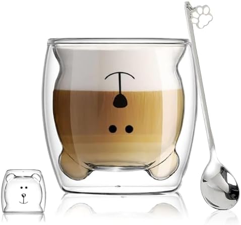 Binoster Cute Mugs Double Wall Glass Coffee Glass Cup Kawaii Bear Tea Milk Cup Funny Mug Animal Mug Aesthetic Cup for Office and Personal Birthday Gift (Happy bear) by WELOCMETOBINOSTER