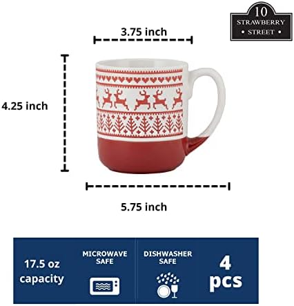 10 Strawberry Street Embossed Reindeer Ceramic Mug, Set of 4 (Red), S4MUG-XMAS - Image 3