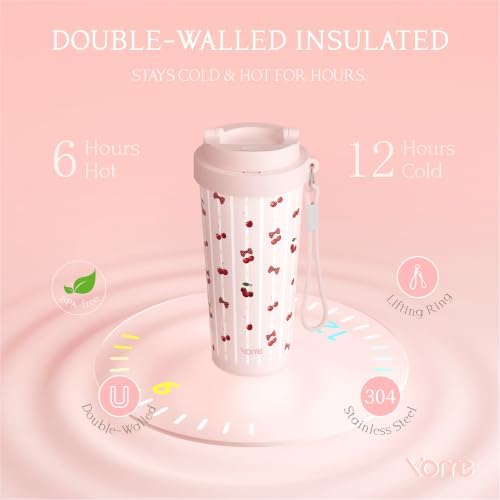 YOME 17oz Stripe Cherry Pink Ceramic Lined Insulated Coffee Mug with Infuser for Women Gift | One-handed Pop Open Lid | Stainless Steel |Keep Drinks Cold and Hot| 100% Leak Proof - Image 6
