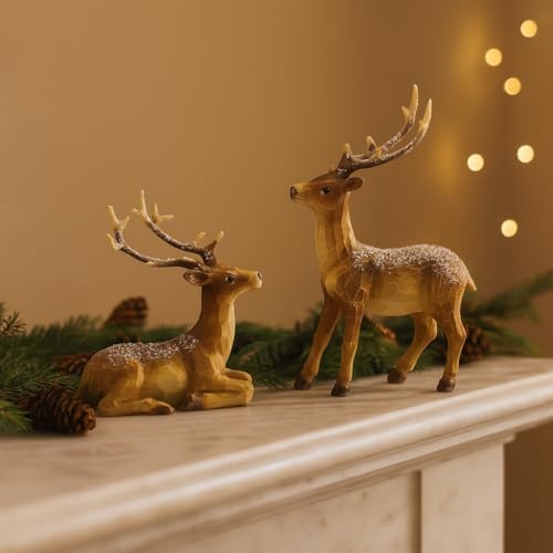 Resin Christmas Deer Figurines Set of 2 – Snow-Dusted Standing & Lying Pair Hand-Painted Gift-Ready Mantel Tabletop Holiday Reindeer Decor (Brown Reindeer) - Image 4