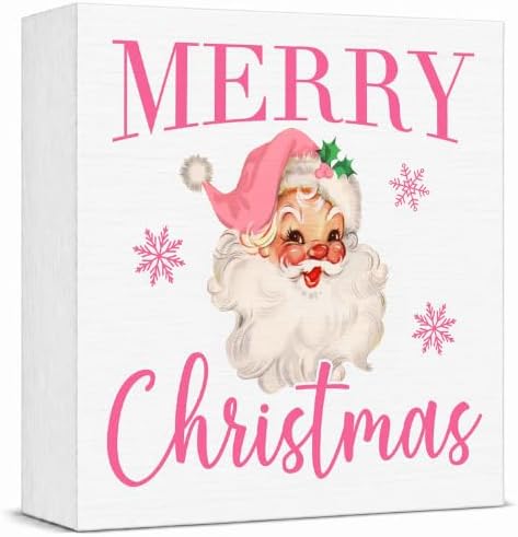 Pink Christmas Decor, Vintage Christmas Decorations Indoor, Snowflake Santa Claus Sign Gift for Women Friends, Rustic Farmhouse Wooden Box Sign for Home Office Bedroom Desk Decor 5x5 Inches by Unknown