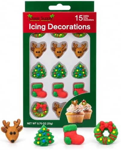 Oasis Supply Christmas Edible Cake Decorations, 15 Count – Holiday Candy Cupcake Toppers with Trees, Boots, Reindeer & Wreaths for Cakes, Cupcakes, Cookies & Desserts by OasisSupply
