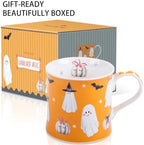 Cute Ghost Halloween Coffee Mug, 12oz Orange Ceramic Coffee Cup with Bow Pumpkins, Bats & Witch Hat Design, Spooky-Cute Holiday Gift for Halloween, Designed in England by Harvest Green Studio - Image 4