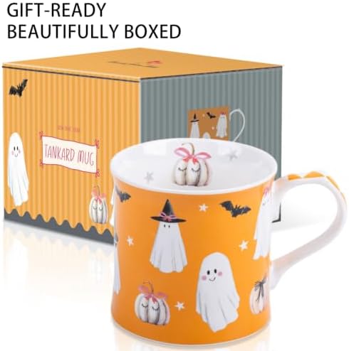 Cute Ghost Halloween Coffee Mug, 12oz Orange Ceramic Coffee Cup with Bow Pumpkins, Bats & Witch Hat Design, Spooky-Cute Holiday Gift for Halloween, Designed in England by Harvest Green Studio - Image 4