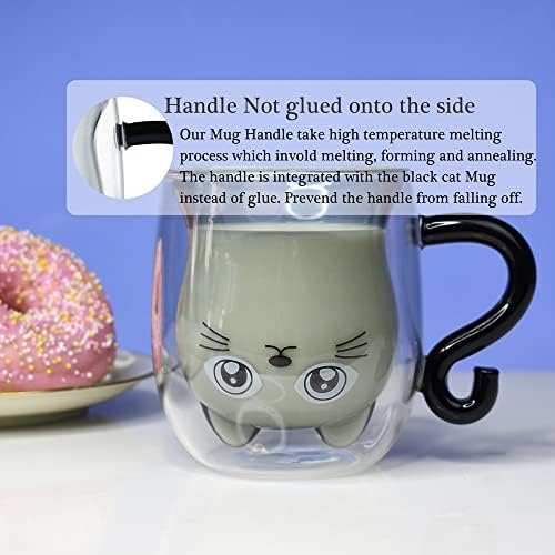 Black Cat Mug Cute Mug with Handle Double Walled Coffee Mugs Kawaii Cat Presents for Women Glass Mugs Tea Cup Cute Birthday Gifts for Cat Lovers Ideas Halloween Christmas - Image 2