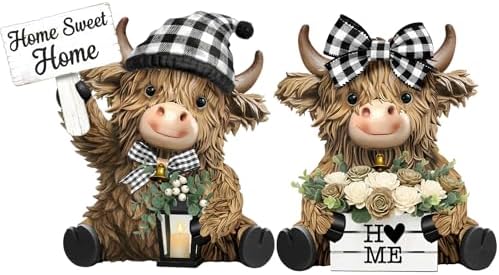 2 Pcs Farmhouse Highland Cow Figurines, Home Sweet Home Decor by Burbell