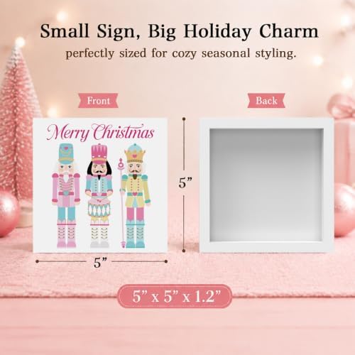 Pink Christmas Decor, Nutcracker Christmas Decorations Indoor, Merry Sign Gift for Women Friends, Rustic Farmhouse Wooden Box Sign for Home Shelf Office Bedroom Living Room Desk Decor 5x5 Inches - Image 2