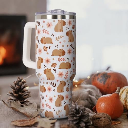 Fall Thanksgiving Tumbler with Lid and Straw 40oz,Cute Floral Capybara Vacuum Insulated Leak Proof Stainless Steel Coffee Cup, Farmhouse Accessories Gift for Women Girls - Image 3