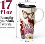 Topadorn 17oz Ceramic Travel Mug with Lid, Vintage Butterfly Floral Mug - Image 2