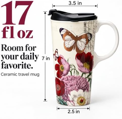 Topadorn 17oz Ceramic Travel Mug with Lid, Vintage Butterfly Floral Mug - Image 2
