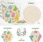 YETTASBIN Easter Bunny Eggs 6 Pcs Drink Coasters with Holder, Cotton Woven Absorbent Heat-Resistant Round Coaster Non-Slip Table Mat for Kitchen Bar Home Decor Housewarming Gift, 3.9 in - Image 4