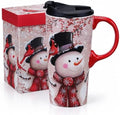 Topadorn Christmas Ceramic Travel Mug with Lid, 17 oz, Snowman & Cardinal by Topadorn