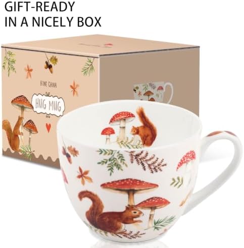 Autumn Squirrel Mug – 20oz Bone China Coffee Mug, Cozy Fall Mushroom Forest Design, Gift for Nature Lovers and Friends, Designed in England by Harvest Green Studio - Image 3