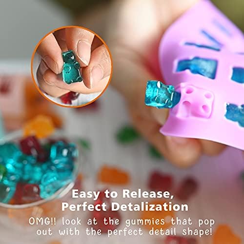 Gummy Bear Molds Silicone 32PCS, Non-stick Chocolate Candy Mold 18 Shapes for 327 Candies, With 4 Droppers, Clean Brush, Storage Box, 20 Wrappers, Including Dinosaur Mini Donut Fruit Animals Shaped - Image 4