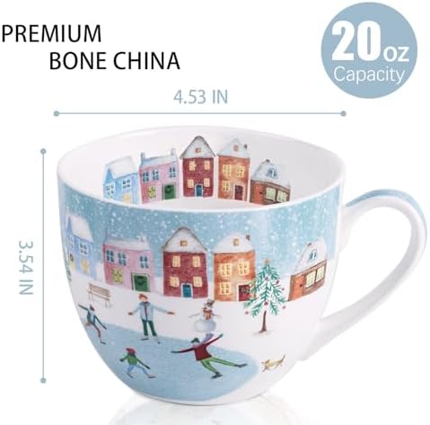 Christmas Skating Mug - 20 oz Bone China Winter Coffee Mugs with Snowy Village, Perfect Holiday and Birthday Gifts for Friends and Family - Designed in England by Harvest Green Studio - Image 2
