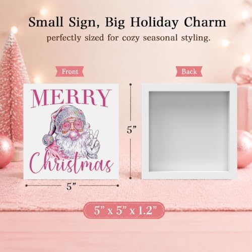 Pink Christmas Decor, Christmas Decorations Indoor, Sunglasses Claus Blowing Bubble Sign Gift for Women Friends, Rustic Wooden Box Sign for Home Office Bedroom Desk Decor 5x5 Inches - Image 2