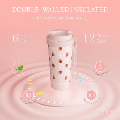 YOME 17oz Strawberry Pink Ceramic Lined Insulated Coffee Mug with Infuser for Women Gift | One-handed Pop Open Lid | Stainless Steel |Keep Drinks Cold and Hot| 100% Leak Proof - Image 6