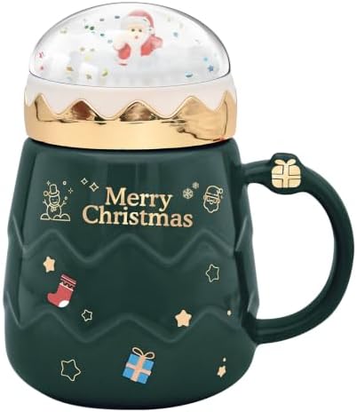 17.6 oz Christmas Mug with Winter Snow Globes Lid Decorations, Large Cute Festive Ceramic Coffee Cup, Winter Xmas Holiday Birthday Tabletop Drinkware Gifts for Adults Kids Men Women (Green) by Peclek