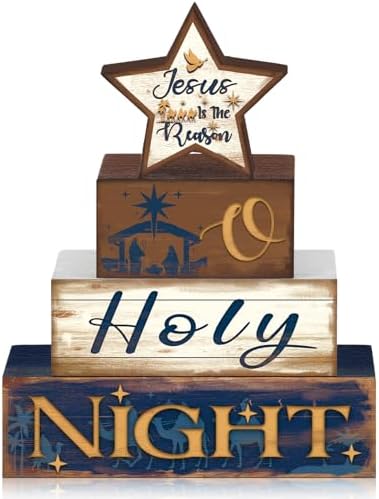 Moucuny 4 Pcs Christmas Jesus Religious Table Decor O Holy Night Blocks by Moucuny