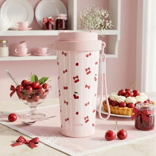 YOME 17oz Stripe Cherry Pink Ceramic Lined Insulated Coffee Mug with Infuser for Women Gift | One-handed Pop Open Lid | Stainless Steel |Keep Drinks Cold and Hot| 100% Leak Proof - Image 2