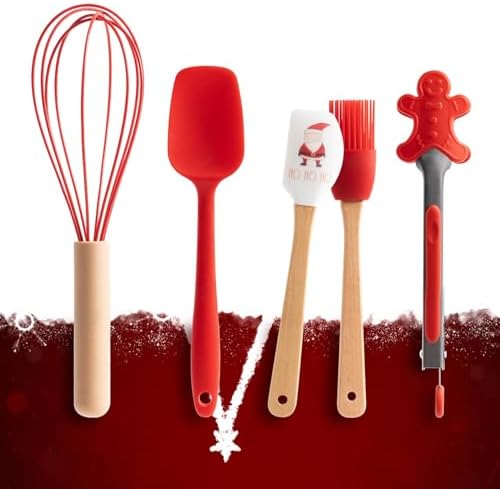 Christmas Baking Supplies, Mini Kitchen Utensils Set – 5 Piece Small Cooking Set with Whisk,Spatula,Pastry Brush,Spoon & Cookie Tongs – Festive Red Mini Baking Set Gift for Holiday Family Fun by HEFILD