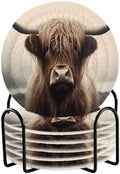 YETTASBIN Highland Cow 6 Pcs Drink Coasters with Holder, Cotton Woven Absorbent Heat-Resistant Round Coaster Non-Slip Table Mat for Kitchen Bar Home Decor Housewarming Gift, 3.9 in by Unknown