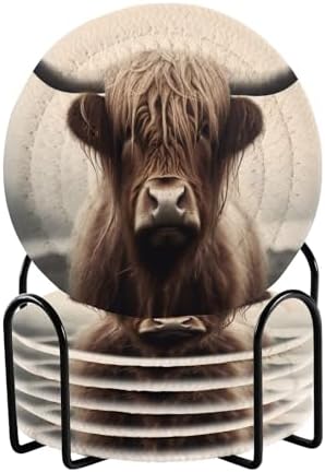 YETTASBIN Highland Cow 6 Pcs Drink Coasters with Holder, Cotton Woven Absorbent Heat-Resistant Round Coaster Non-Slip Table Mat for Kitchen Bar Home Decor Housewarming Gift, 3.9 in by Unknown