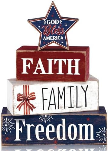 Moucuny 4 Pcs Patriotic Wooden Block Sign July 4th Table Star Decor by Moucuny
