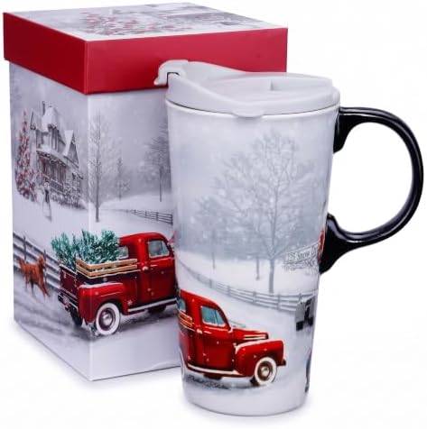 Topadorn 17oz Ceramic Travel Mug with Lid, Christmas Red Truck Coffee Mug by Topadorn