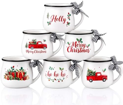 Potchen 6 Pcs 5 oz Christmas Coffee Mugs with Ribbons,Fresh by Potchen