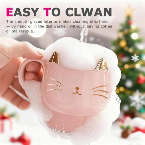 Christmas Mugs High-Footed Ceramic Cat Mug – 13.5oz Unique Coffee Cup with kitty Expression Design, Fun Gift for Women, Girls, Kids, Cat Lovers (pink) - Image 5