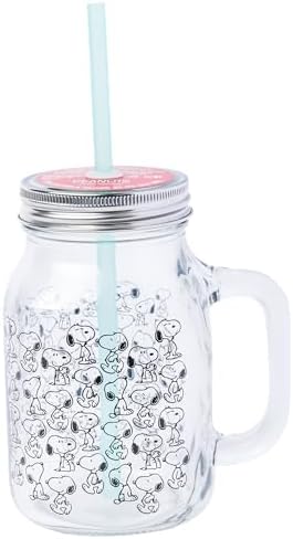 Silver Buffalo Peanuts Snoopy, Glass Mason Jar with Handle and Straw, 21oz by SilverBuffalo
