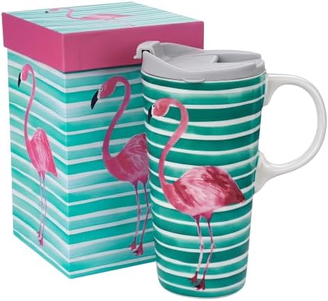 Topadorn 17oz Ceramic Travel Mug with Lid, Flamingo Coffee Mug with Handle by Topadorn