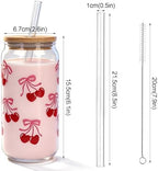 Cherries Bows Glass Cups -Set of 4, 18OZ Cherry Decor Iced Coffee Cups - Image 2