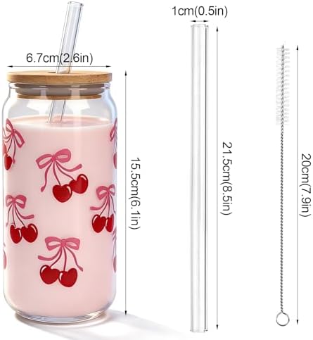 Cherries Bows Glass Cups -Set of 4, 18OZ Cherry Decor Iced Coffee Cups - Image 2