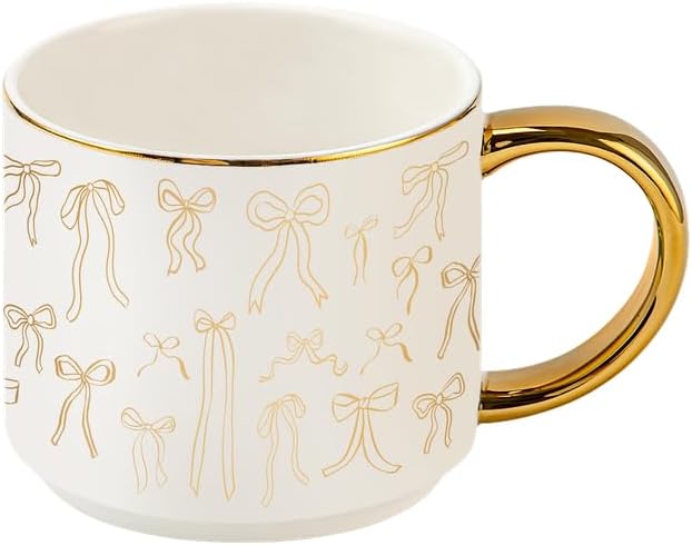 Sweet Water Decor Gold Bows Mug, 14oz Fine Bone China Coquette Tea Cup for Hot & Cold Drinks, Cute Coffee Mug with Golden Bow Patterned Design, Gold Handle & Rim, Gifts for Women by SweetWaterDecor