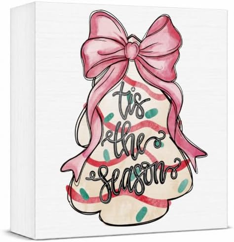 Pink Christmas Decor, Christmas Decorations Indoor, Coquette Bow Xmas Tree Cakes Sign Gift for Women Friends, Rustic Farmhouse Wooden Box Sign for Home Office Bedroom Desk Decor 5x5 Inches by Unknown