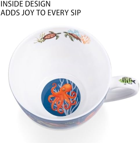 Summer Ocean Wonders Hug Mug - 20oz Deep Blue Bone China Coffee Mug with Sea Turtle, Octopus and Tropical Fish, Marine Life Themed Gift for Ocean Lovers, Designed in England by Harvest Green Studio - Image 5