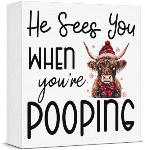 Christmas Bathroom Decor, Funny Highland Cow Christmas Decorations, Bathroom Table Decoration, Coquette Red Bow Santa Hat Wooden Box Sign, Home Shelf Desk Decor for Toilet 5x5 Inches by Unknown