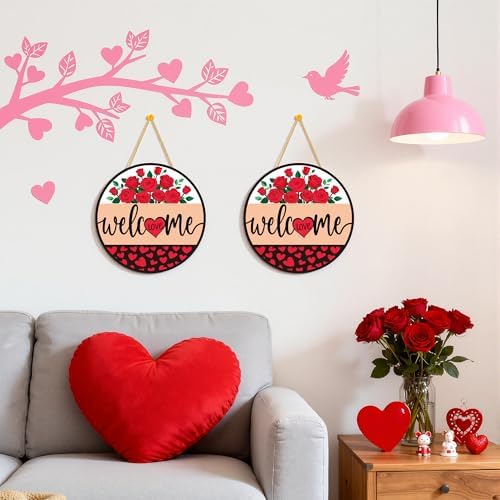 Valentines Day Decorations - Wreath Welcome Sign for Front Door | Rustic Round Wood Wreaths,Heart Rose Garland Outdoor Indoor - Valentines Decor Party Favors Supplies for Door Wall Room Porch Kitchen - Image 3