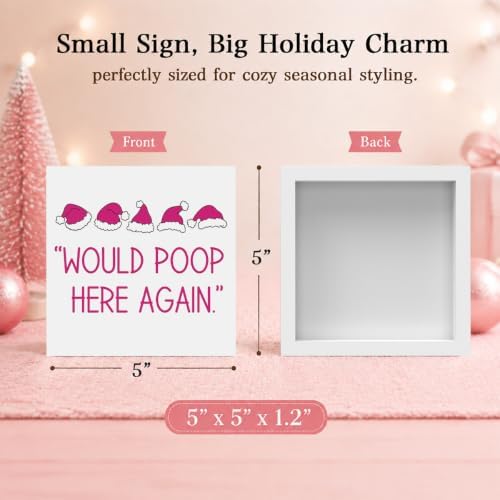 Christmas Bathroom Decor, Funny Pink Christmas Decorations, Santa Hat Bathroom Table Decoration Would Poop Here Again Wooden Box Sign, Home Shelf Desk Decor for Toilet 5x5 Inches - Image 2